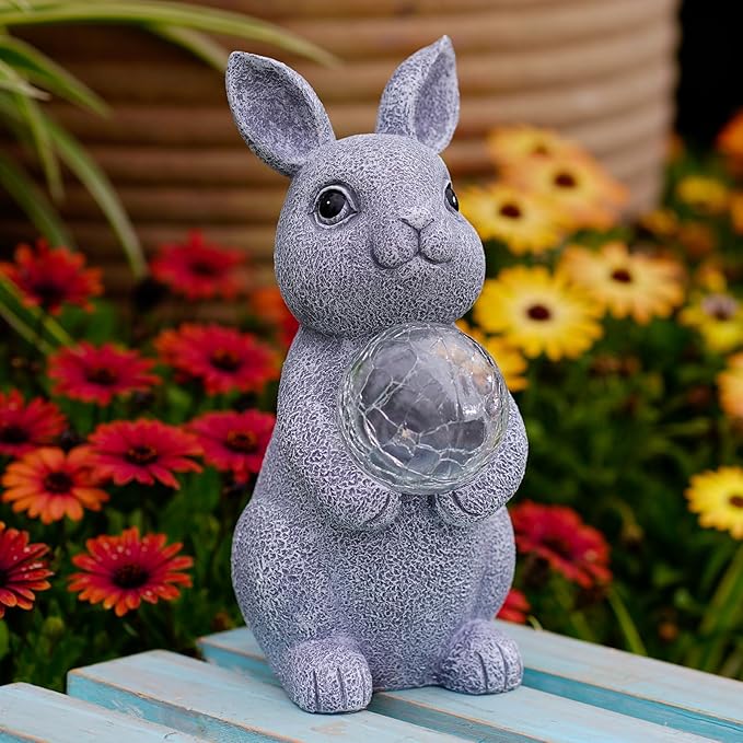 Solar Garden Outdoor Statues Bunny with Gazing Ball - Outdoor Decor Garden Rabbit Statue for Patio Balcony Yard Lawn Ornament - Unique Housewarming Gifts
