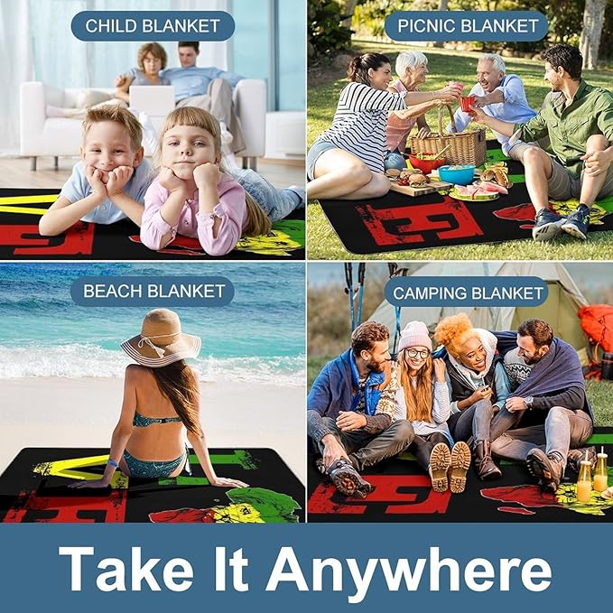 Rasta Jamaican Reggae Lover Waterproof Outdoor Picnic Blanket Sandproof Beach Mat for Camping Hiking Grass Travelling