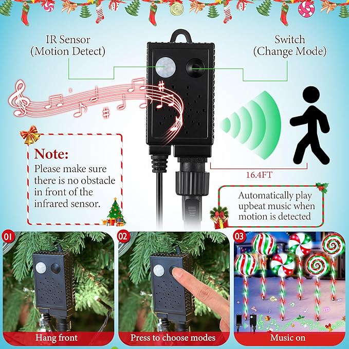 6 in 1 Lollipop Christmas Pathway Lights Outdoor 29 Inch Peppermint Pathway Markers Lights Lighted Candy Cane with 5 Modes and Music for Xmas Holiday Patio Yard Garden(RedWhiteGreen)