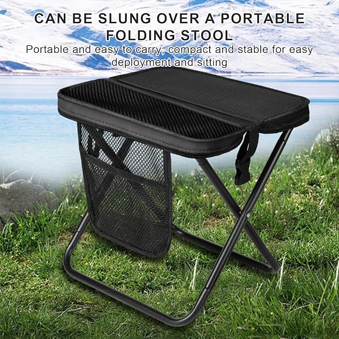 Portable Folding Camping Stool With Shoulder Strap Small Folding Stool For Adults Ultra-Thin Portable Folding Stools With Side Pocket Mesh Collapsible Seat For Outdoor Fishing Hiking (A)