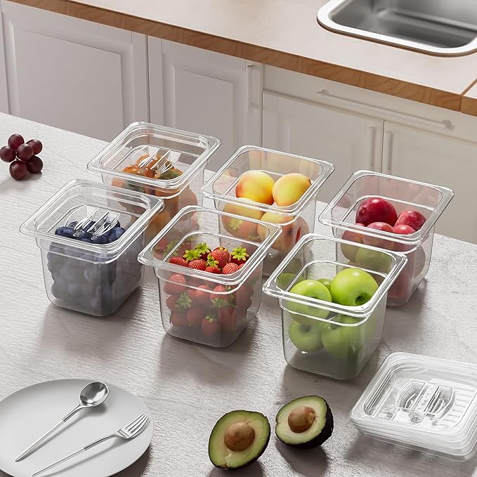 6Pack Food Pans 1/6 Size 6 Inch Deep Commercial Food Storage Containers Polycarbonate Clear (Click to select 1/6 Size 6 Deep With lid)
