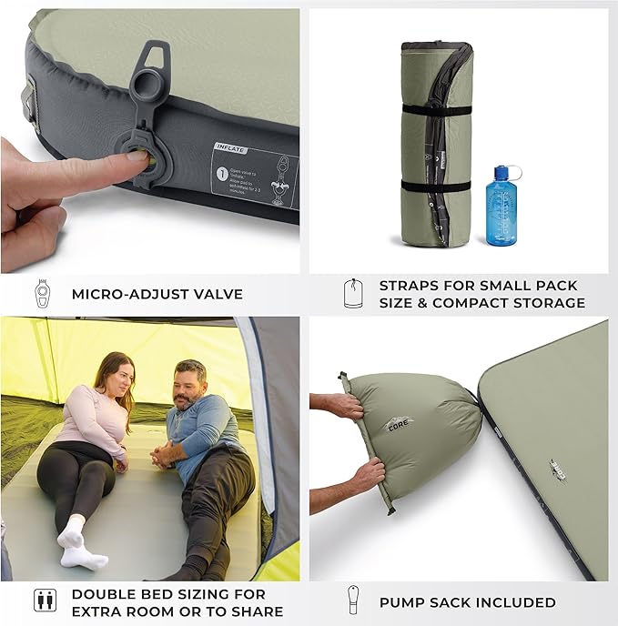 CORE Double Self Inflating Camping Bed | Perfect Blow Up Mattress for Travel Car Camping &amp Outdoor Use | Air &amp Foam Filled Inflatable Sleeping Pad for Adults