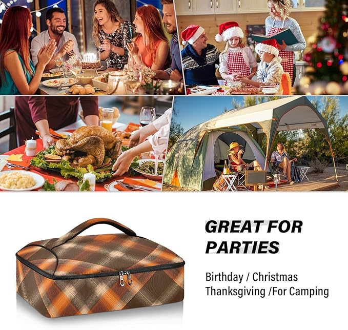 Casserole Carrier Orangeand Brown Tartan Plaid Insulated Casserole Carrier for Hot or Cold Food Thermal Lunch Tote for Parties Picnic Travel Carry Bag