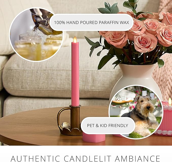 Luminara Flameless Candle Taper (1 x 9.5) Melted Top Real Wax Unscented Remote Ready Timer (Sweet Pink)