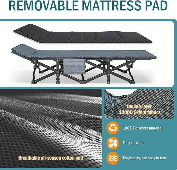 Camping Cot for Adults Folding Bed with Comfortable Cushion Tent Portable Sleeping Bed with Carry Bag for Camp Office Use Outdoor Traveling Supports 450 lbs