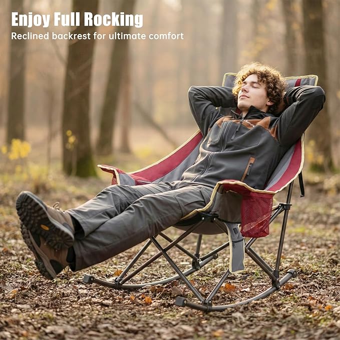 SUNNYFEEL Heated Rocking Camping Chair Fully Padded Patio Folding Chair Portable Oversized Outdoor Rocker High Back Lawn Recliner with Side Pocket Camp Rocker Chairs for Adults Heavy Duty 500 LBS Red