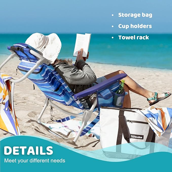 LEMBERI Backpack Beach Chairs for Adults1/2 Pack Folding Heavy Duty Camping Chair with Large Pockets and Cup HolderAdjustable high Beach Lounge Chairs with Towel Rack for OutdoorTravel (2 Blue)