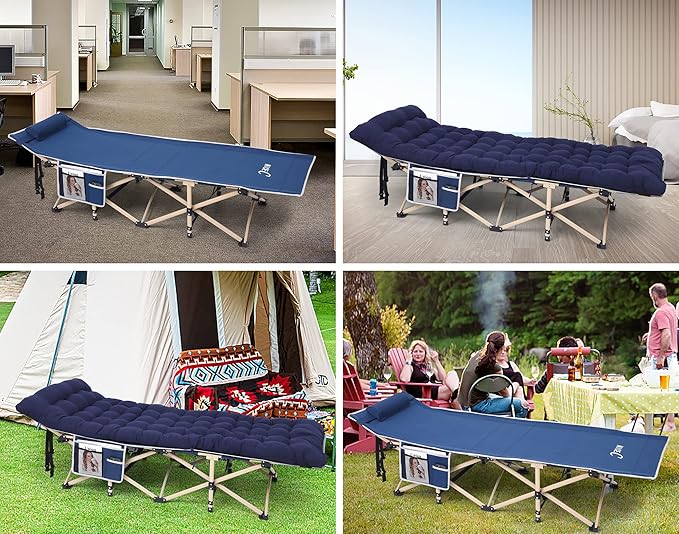 Nice C Camping Cots with Cushion Camping Cots with Mattress for Adults Folding Cot with Pillow Carry Bag &amp Storage Pocket Extra Wide Sturdy Holds Up to 500 Lbs (1 Mattress Navy)