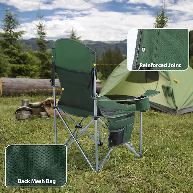 Nice C Heated Camping Chair with Battery Heated Outdoor Sports Chair Folding Chairs with Cooler Bag Cup Holder Carry Bag 10000 mAh Power Bank Included (Green&ampGrey Set of 2)