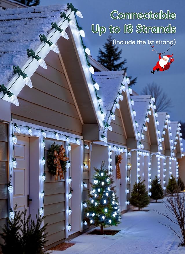 Brightown C9 LED Christmas Lights Outdoor 99 Feet 150 LED C9 String Light with 150 Spring Clips Waterproof Connectable Christmas Tree Lights for Outside Roofline Patio Home Xmas Decor Pure White