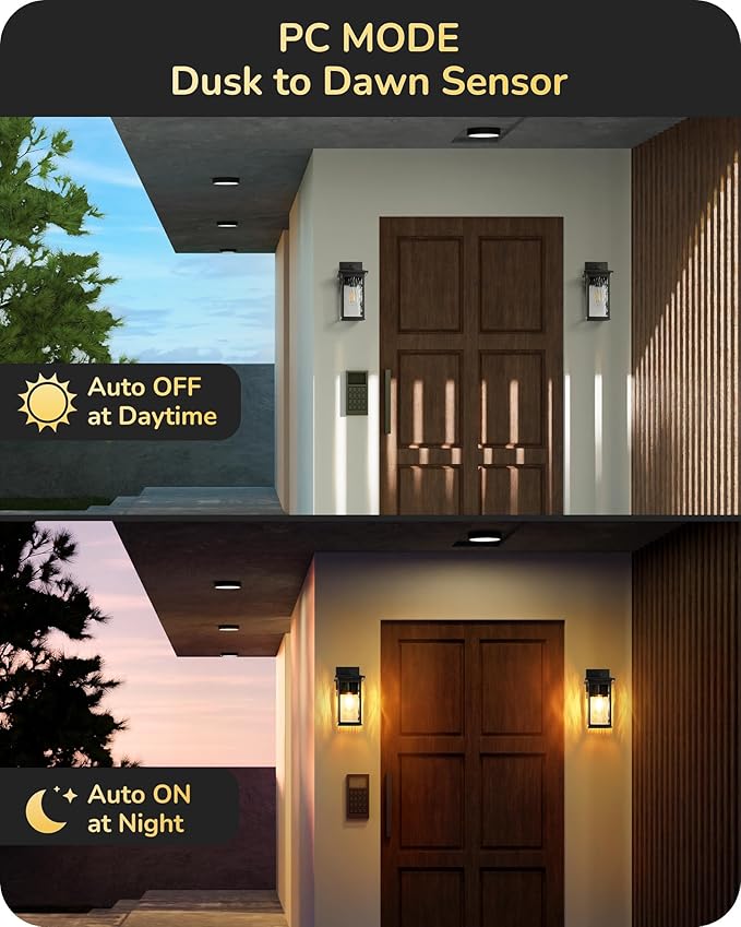 EDISHINE 2 Pack Outdoor Wall Light Dusk to Dawn Exterior Light Fixture Modern Porch Light Wall Mount Sconce Clear Water Ripple Glass Black Metal Outside Wall Lantern for Front Door Garage Patio