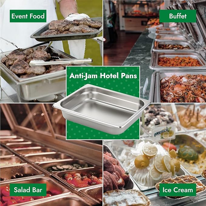 HECMAC 6 Pack Anti-Jam Hotel Pans 1/2 Size 2 1/2 Inch Deep Commercial Stainless Steel Chafing Steam Table Pan Catering Storage Metal Food Pan 23 Gauge