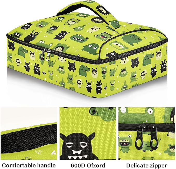 Casserole Carrier Green DinosaursInsulated Casserole Carrier for Hot or Cold Food Thermal Lunch Tote for Potluck Parties Picnic Beach Fits 9 x 13 Inches Baking Dish