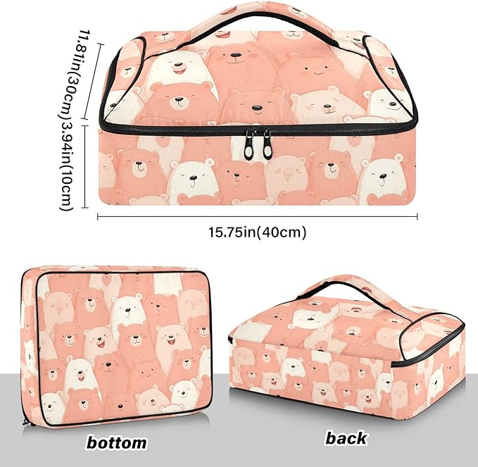 Casserole Carrier Pattern Cute Cartoon BearInsulated Casserole Carrier for Hot or Cold Food Thermal Lunch Tote for Potluck Parties Picnic Beach Fits 9 x 13 Inches Baking Dish