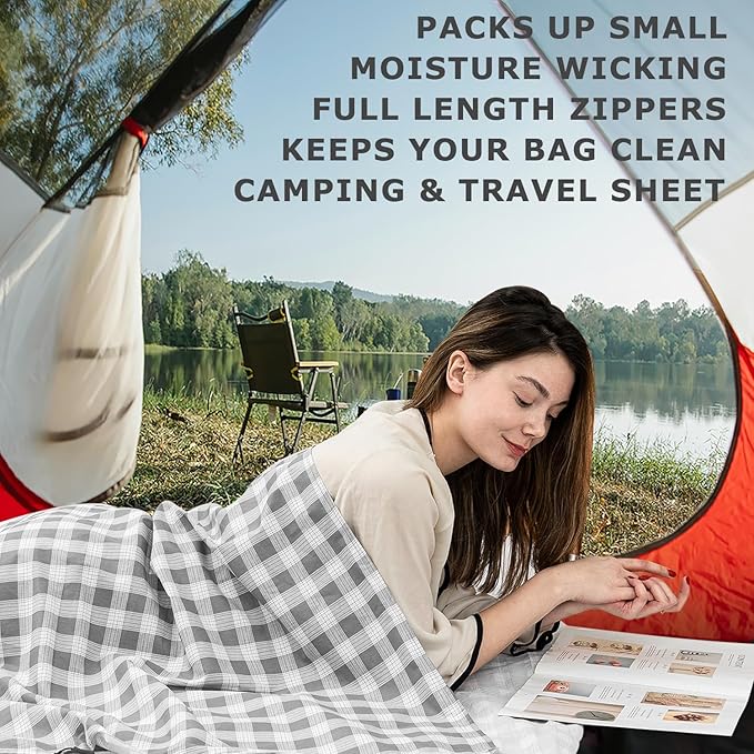 100% Cotton Sleeping Bag Liner with Full Length Zipper on 3 Sides Single/Double Adult Sleep Sack for Travel &amp Camping Multifunctional Travel Sheets (Unzipped 87”x87”) for Hotel Lightweight