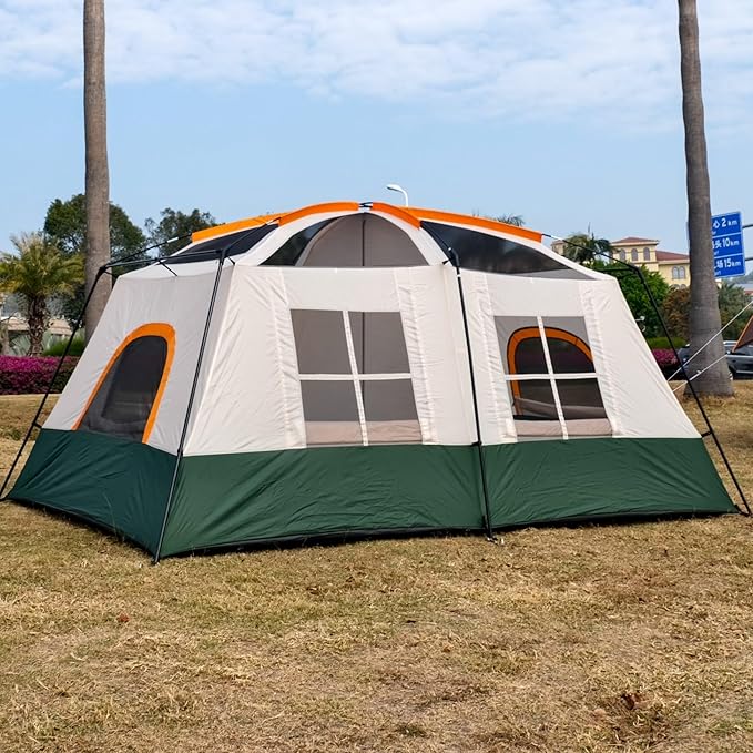 KTT Large Tent 8-10-12 PersonFamily Cabin Tents2 Rooms2 Doors and 4 Windows with MeshStraight WallWaterproofDouble LayerBig Tents for OutdoorPicnicCampingFamily Gathering