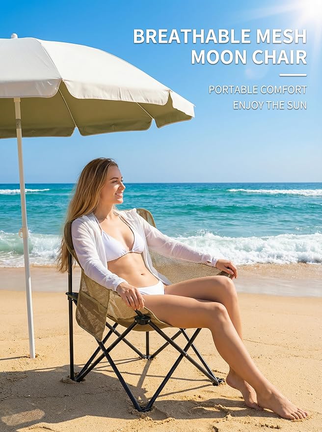 Breathable Outdoor Folding Chair Portable Ultra-Light Fishing Stool Beach Camping Moon Chair Armchair Art Sketch Chair (Mesh Khaki)