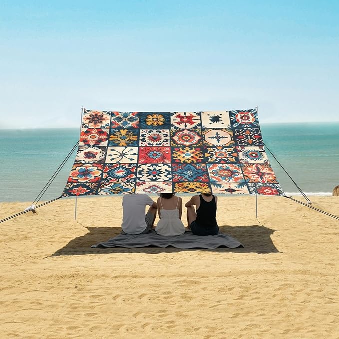 Bohemian Texture Beach Tent Sun Shelter 9.2' x 10.5' Beach Canopy with 4 Sandbags 4 Stability Poles Sand Shovels - Tent Canopy for Beach Camping Fishing Picnics
