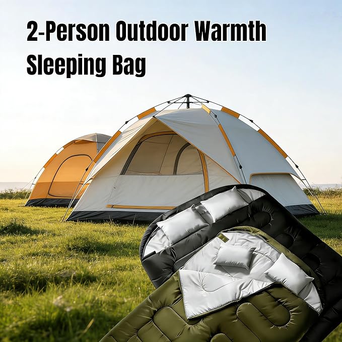 Double Sleeping Bag for 2 Adults Convertible to 2 Single Bags 3-in-1 Waterproof Camping Bag with Pillows Machine Washable 6.6 lbs Lightweight 59x87 Inches