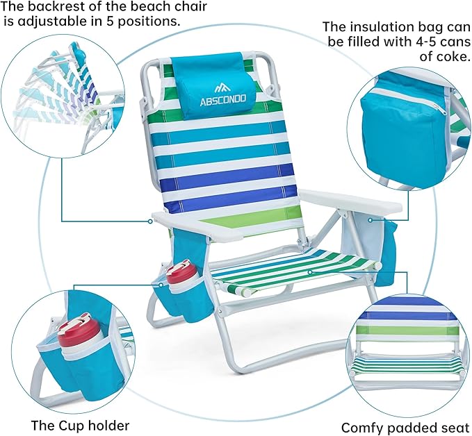 Beach Chair Beach Chairs for Adults 2 Pack Outdoor Folding Beach Chairs for Adults Supports up to 350lbs with 5 Positions Towel bar Cooler Pouch Storage Pouch.