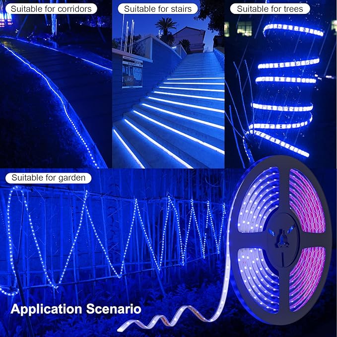 MIHEAL Solar LED Strip Lights Outdoor 32.8ft 560 LEDs Solar Powered Blue Light LED Strip with 8 Lighting Modes IP67 Waterproof 2835 SMD Rope Lights for Garden Trees Christmas Party Decor