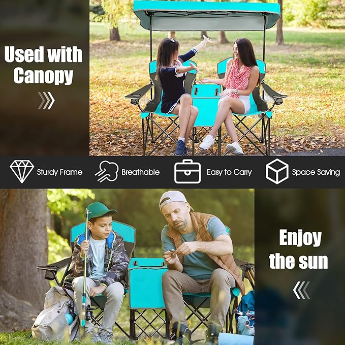 S AFSTAR Double Camping Chair w/Shade Canopy 2-Person Folding Camp and Beach Chair with Mini Table Beverage Cup Holder Carrying Bag Collapsible Camping Chairs for Garden Patio Pool Beach