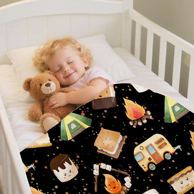 Cute S'Mores Flannel Blanket | Ultra Soft Roasted Marshalows Throw for Couch/Sofa/Travel/Camping | Camping Blanket Gifts for Camper Lover Decor - 40x50-Kids/Throw Size