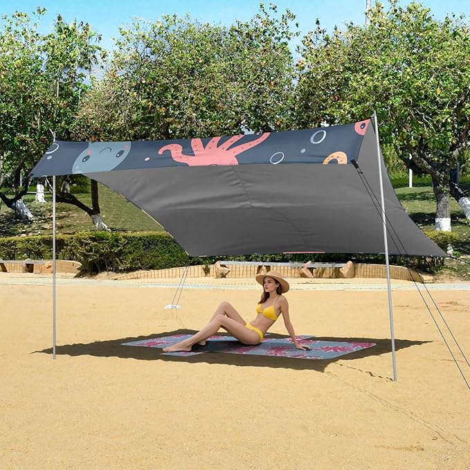 Cute Jellyfish and Octopus Camping Sun Shelter Beach Tent Portable Beach Sun Shade Outdoor Canopy for Camping Trips Fishing Picnic