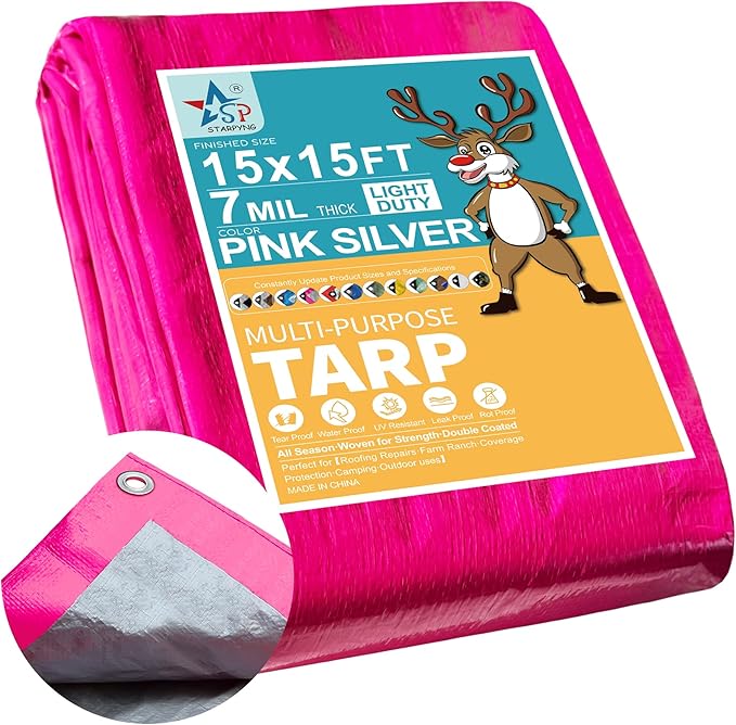 STARPYNG-7 Mil Pink/Silver 15x15 Feet Tarp-Multifunctional Waterproof Tarpaulin-Waterproof UV Resistant Rip and Tear Resistant Poly Tarpaulin with Reinforced Edges for Cover