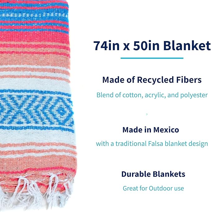 La Montana Mexican Blankets and Throws 4 Pack 74x50 - Made in Mexico Lightweight Yoga Blanket for Schools Studios Outdoors Camping Picnic Decor - Washable Turquoise/Coral/Melon/White