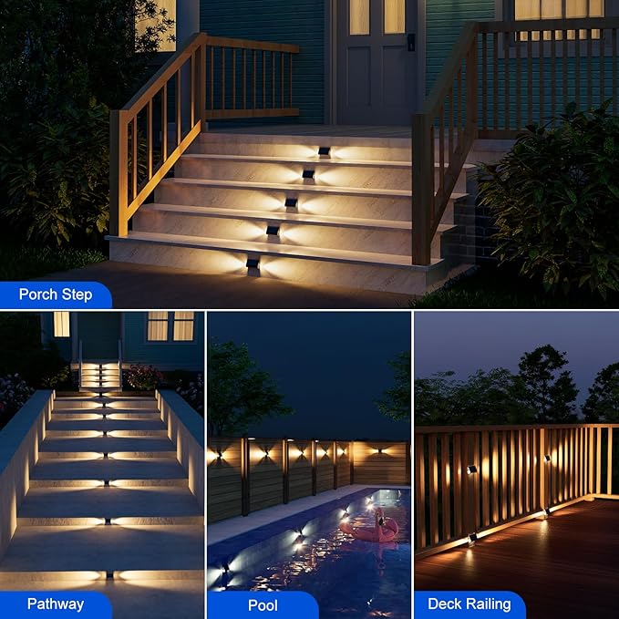 6 Pack Solar Powered Step Lights Outdoor Waterproof LED for Deck Stair Safety Outside Decorative Lamp for Yard Patio Porch Railing Pathway Fence 2 Sided Warm White Lighting for Enhanced Security