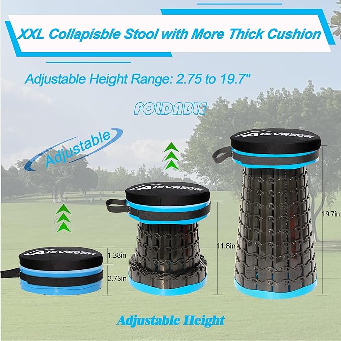 ALEVMOOM Upgraded XXL Collapsible Stool with Thick Cushion 19.71000lbs Max WeightWider &amp Taller Pop Up Seat Heavy Duty Portable Retractable Folding Chair or Travel Foot Rest for Camping &amp