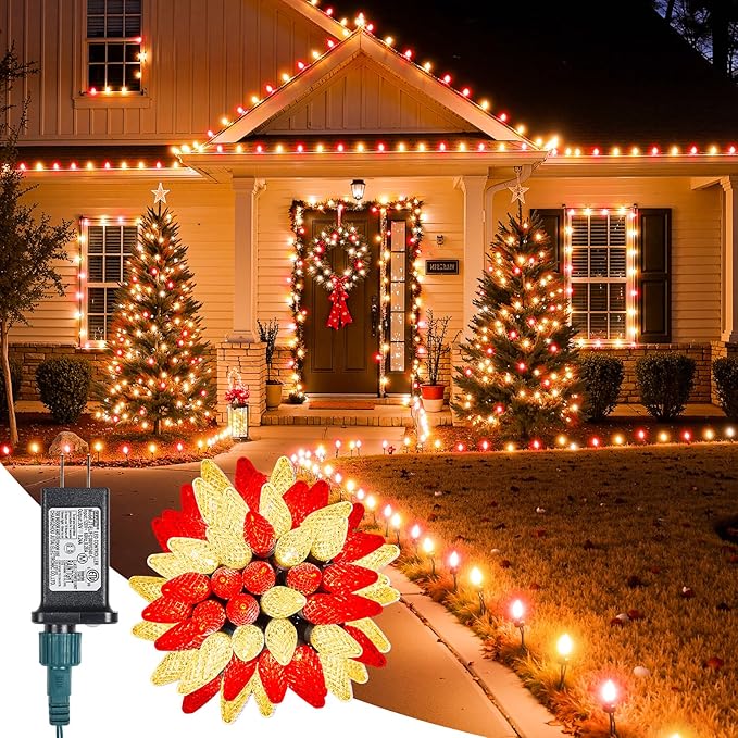 Minetom C9 Christmas Lights Outdoor 88FT 110LED String Lights with 8 Mode Waterproof Connectable UL Certified C9 Christmas Decorations for Indoor Outdoor Patio Roofline Decor Red＆Warm White