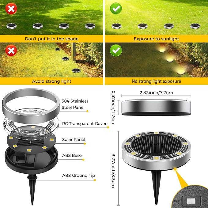 16 Pack Solar Ground Lights Outdoor 8 LED Mini Flat Solar Disk Lights IP65 Waterproof Anti-Rust Disc Light Landscape Lighting for Garden Pathway Yard Walkway Driveway LawnWarm White