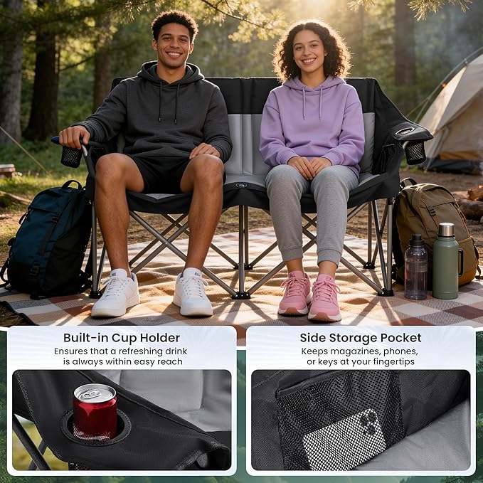 Foldable Double Camping Chair Heavy Duty 800 LBS Capacity with 2 Cup Holders &amp Side Pocket for Outdoor Camping Picnic (Black 1 PCS)