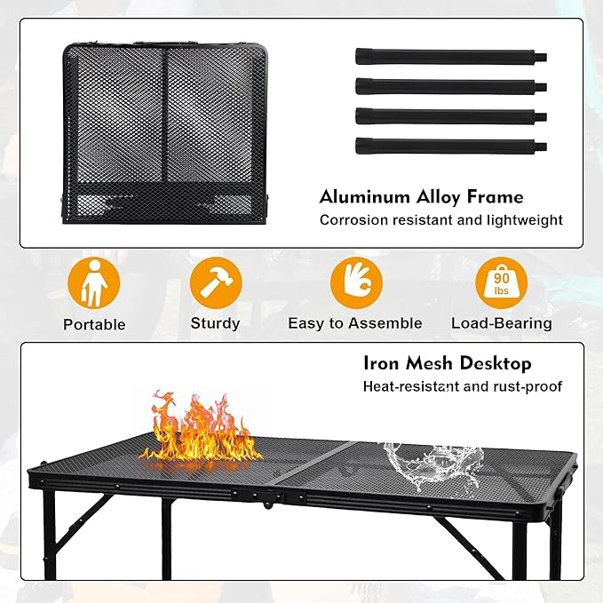 Camping Table with Mesh Desktop Lightweight &amp Portable Folding Grill Table Height Adjustable Metal Outdoor Table for Camp Cooking BBQ RV Picnic-4 FT Black