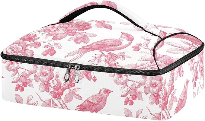 Casserole Carrier Pinkish Birds and Flowers PatternInsulated Casserole Carrier for Hot or Cold Food Thermal Lunch Tote for Potluck Parties Picnic Beach Fits 9 x 13 Inches Baking Dish