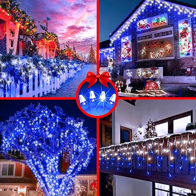 82FT 810 LED Outdoor Christmas Lights - 180 Ice Drops 12 Pro Modes with Timer Memory &amp Brightness Waterproof Hanging Ice String Light for Holiday Wedding Garden Fence House Decor (White &amp Bl