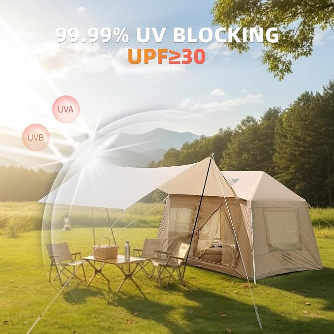 Donext Inflatable Camping Tent 4-Season Glamping Tent with Stove Jack Mesh Windows Easy Setup Windproof Cotton Outdoor Tent with Hand Pump