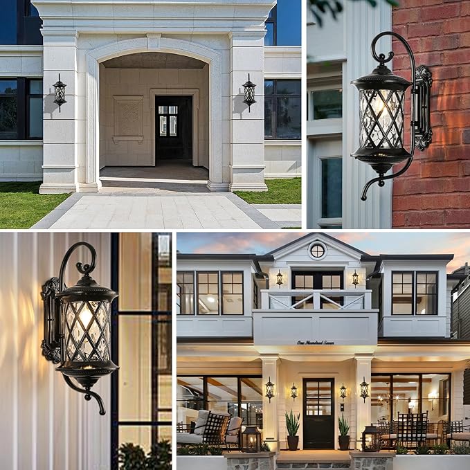 Retro Large Outdoor Wall Lanterns 24 Exterior Light Fixtures Coach Light Waterproof Aluminium with Water Glass Outside Wall Lamps for House Front Door Garage Porch Lighting Black