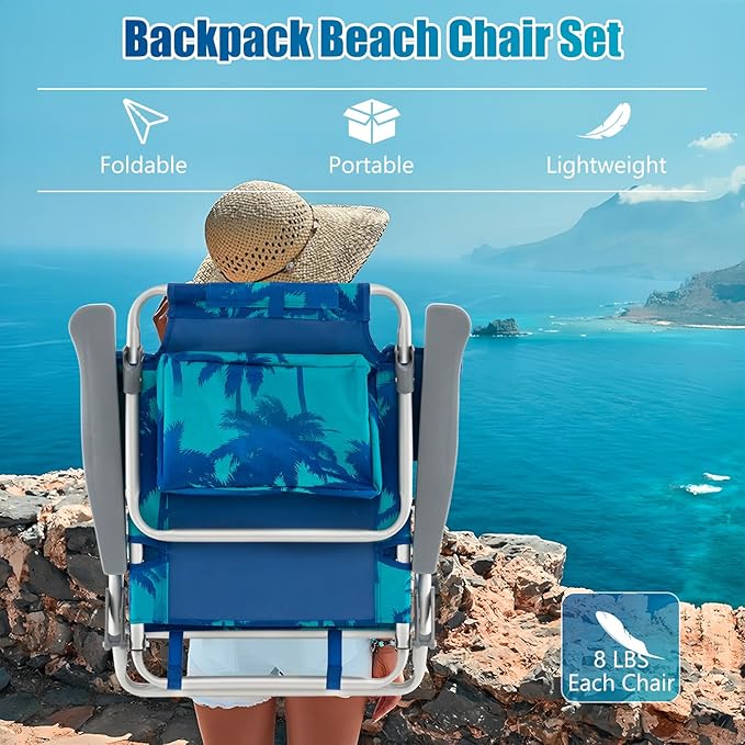 GYMAX Beach Chairs Backpack Camping Chair with Armrest Cooler Bag Cup Holder Towel Bar &amp Side Pockets Sunbath Sling Tanning Lounge Folding Layout Chair (4 Chairs Without Table Coconut Tree)