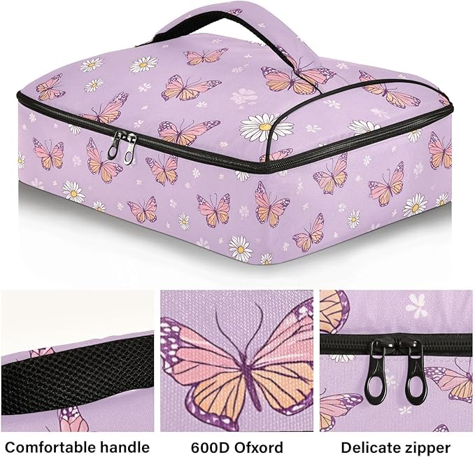 Casserole Carrier Cute Pattern Purple ButterflyInsulated Casserole Carrier for Hot or Cold Food Thermal Lunch Tote for Potluck Parties Picnic Beach Fits 9 x 13 Inches Baking Dish