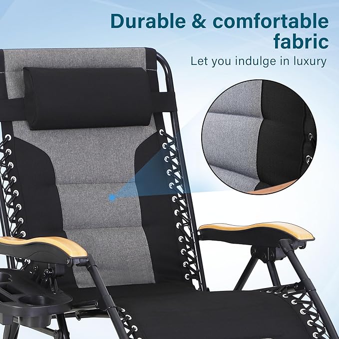 MFSTUDIO Zero Gravity Chairs Set of 2 XL Oversized Outdoor Anti Gravity Chair Patio Lounge Folding Adjustable Chair with Cup Holder &amp Padded Headrest Support 400lbsBlack