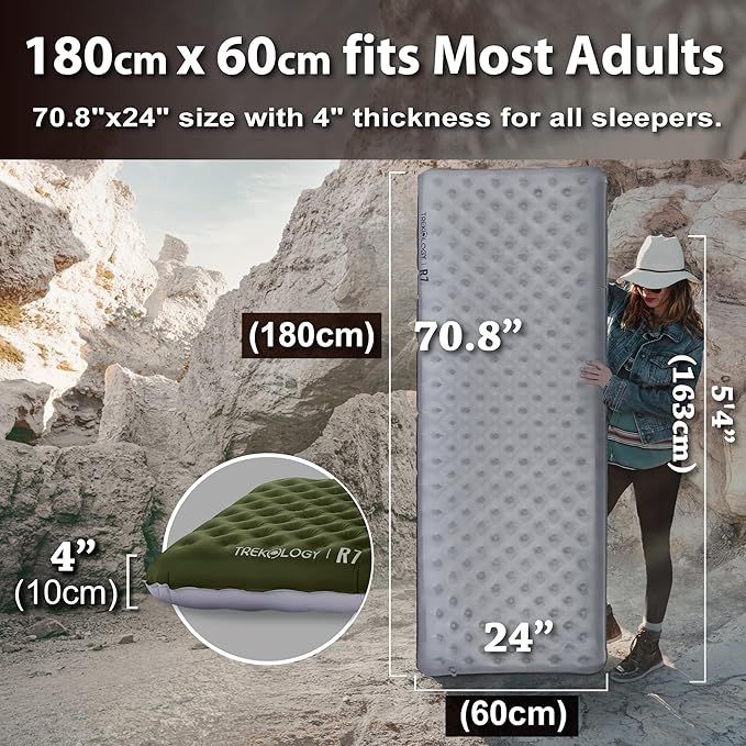 TREKOLOGY Sleeping Pad for Camping– Ultra-Lightweight 4 Thick Camping Mat with 7.2 R-Value for All Seasons– Compact Durable &amp Waterproof–Ideal for Backpacking Hiking and Outdoor Adventures UL