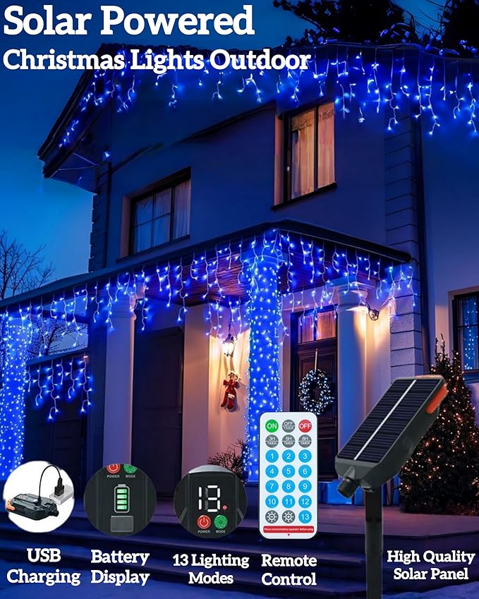 Solar Christmas Lights Outdoor 640LED 16Ft+60Ft Solar Icicle Lights Waterproof with 13 Modes Rechargeable for Outside Roof Fence Christmas Decorations