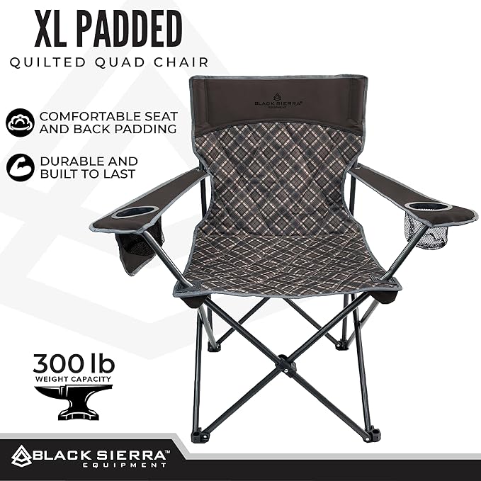 Black Sierra Oversized Camping Folding Chair Heavy Duty Outdoor Seat Supports 300 lbs with Steel Frame Collapsible Quilted Padded Plaid Camp Bag Chair for Tailgating Sports Games Patio