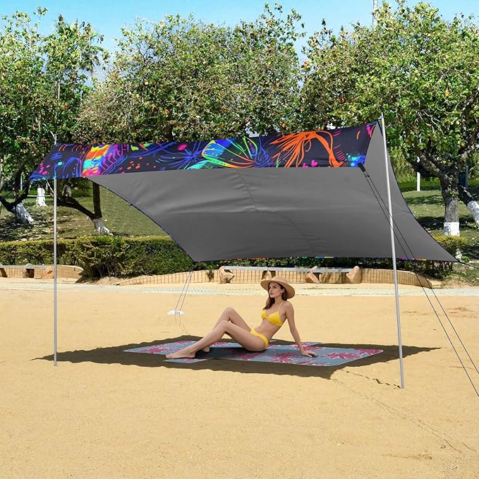 ALAZA Neon Line Butterfly Beach Tent Sun Shelter UPF50+ Protection Beach Shade Canopy w/ 4 Sandbags for Outdoor Camping Fishing Backyard Fun Picnic 10x9 ft