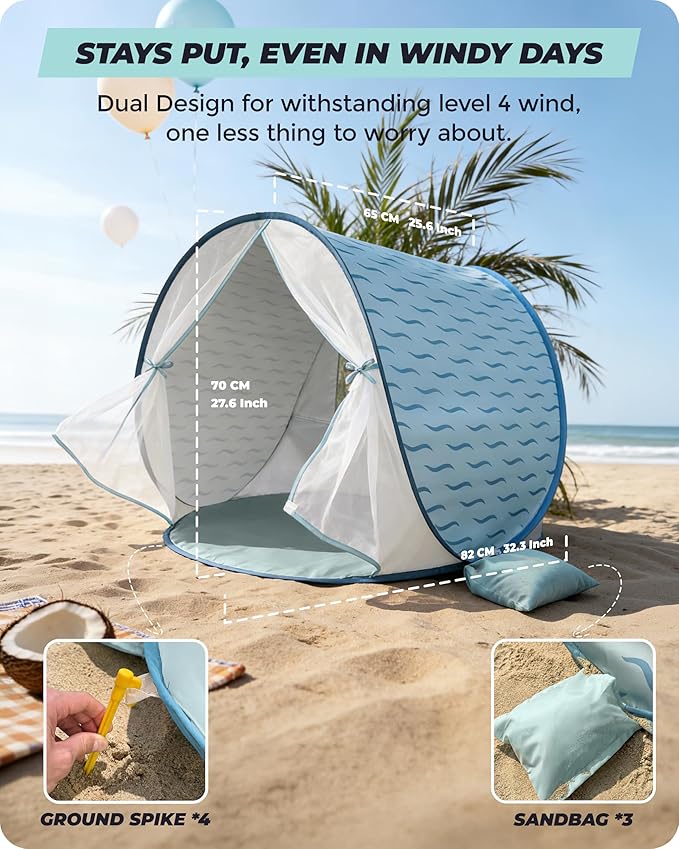Baby Beach Tent 2026 Upgrade Pop Up UPF 50+ UV Protection Sun Shelter Canopy with Mosquito Net Portable Outdoor Shade Summer Essentials for Babies &amp Toddlers- Blue