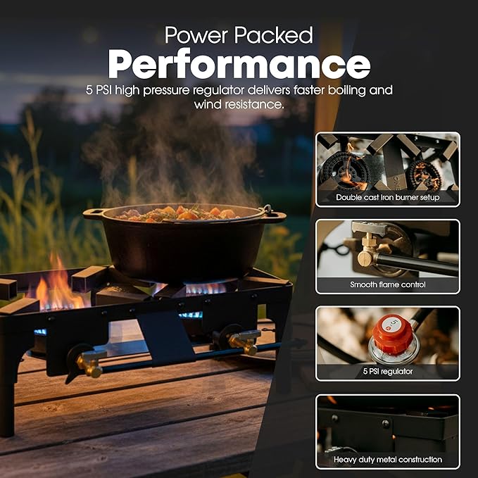 GasOne Double Propane Burner with Carry Bag Adjustable Height 4-Tier Removable Legs for Outdoor Cooking – High Pressure PSI Regulator Camping Accessories Camp Stove – Cast Iron Portable Stove Top