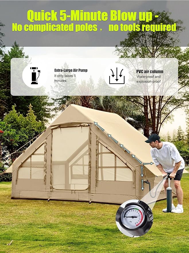 Inflatable Tents with Hand Pump Hot Tent with Stove Jack Easy Blow Up Glamping Tent with Mesh Windows 4-6 Person Instant Family Camping Tents Waterproof for 4 Seasons